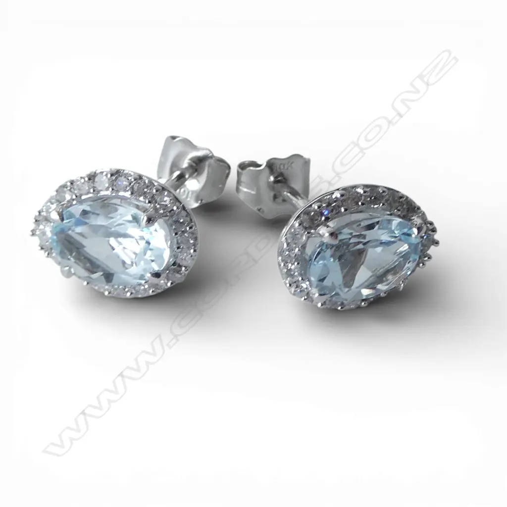 PR 10ct AQUAMARINE & DIAMOND STUD EARRINGS, 1.5gm Image 1++