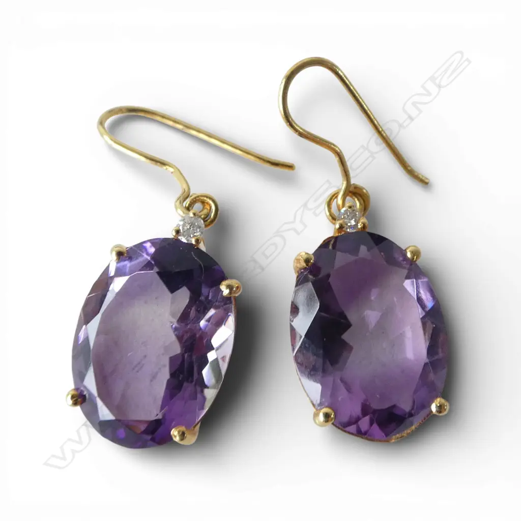 14ct GOLD AMETHYST & DIAMOND EARRINGS, 5gms, french hook backs Image 1++