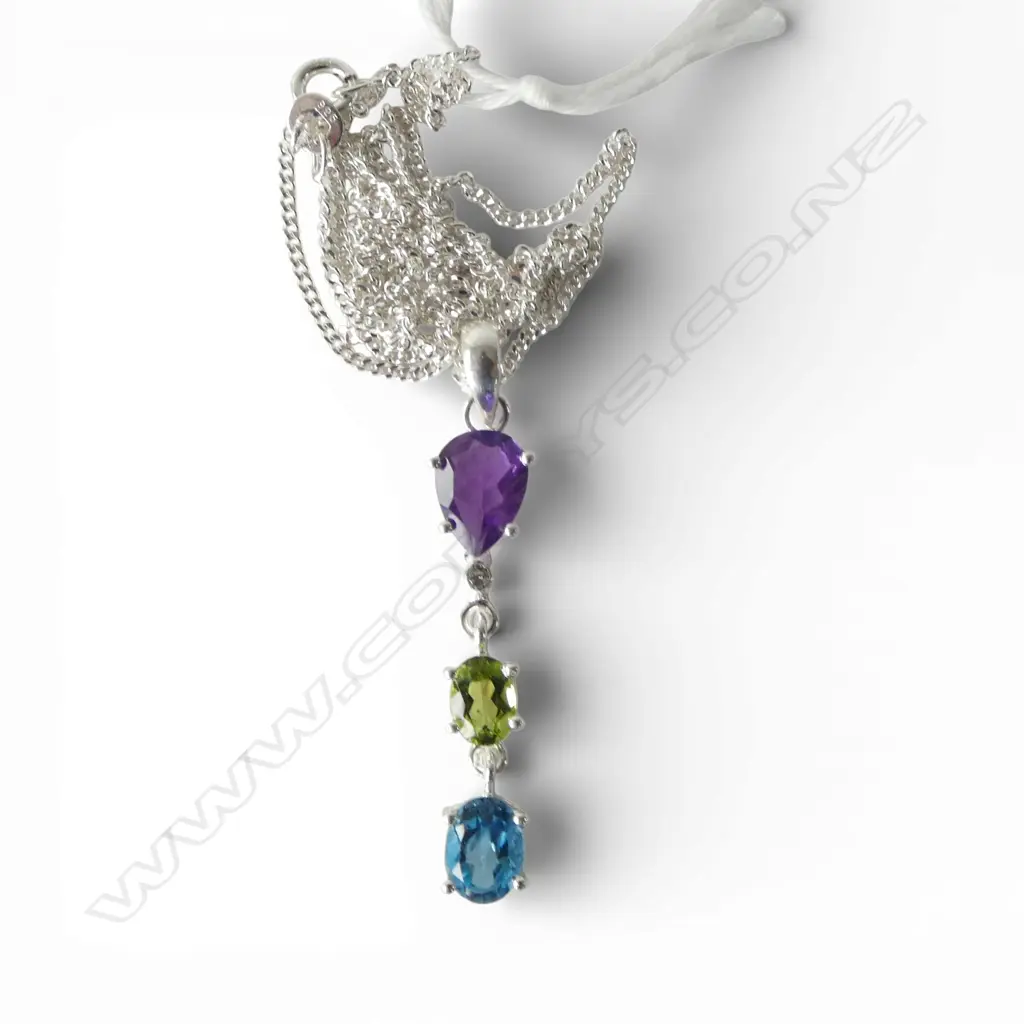 SILVER AMETHYST, WHT SAPPHIRE , PERIDOT & BLUE TOPAZ PENDANT on SILVER CHAIN Image 1++