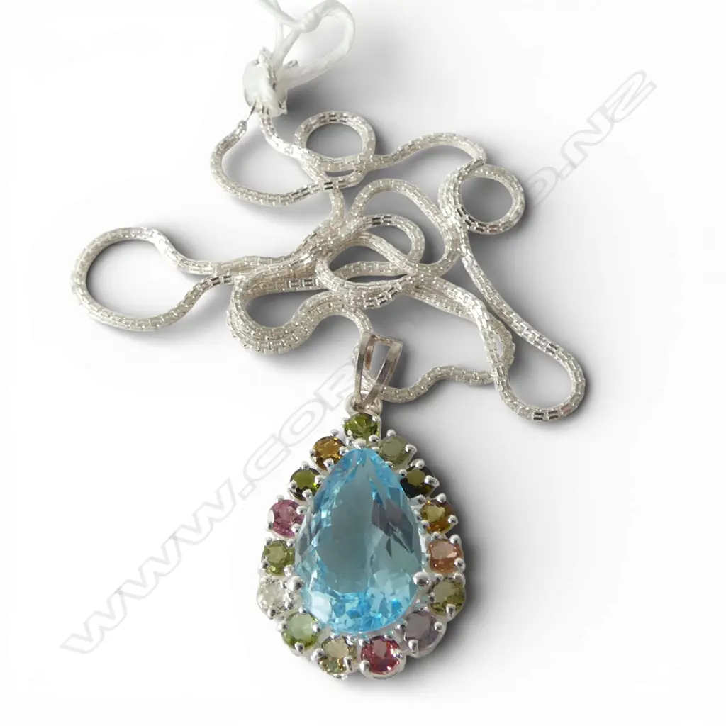 SILVER TOPAZ & TOURMALINE PENDANT on SILVER CHAIN Image 1++