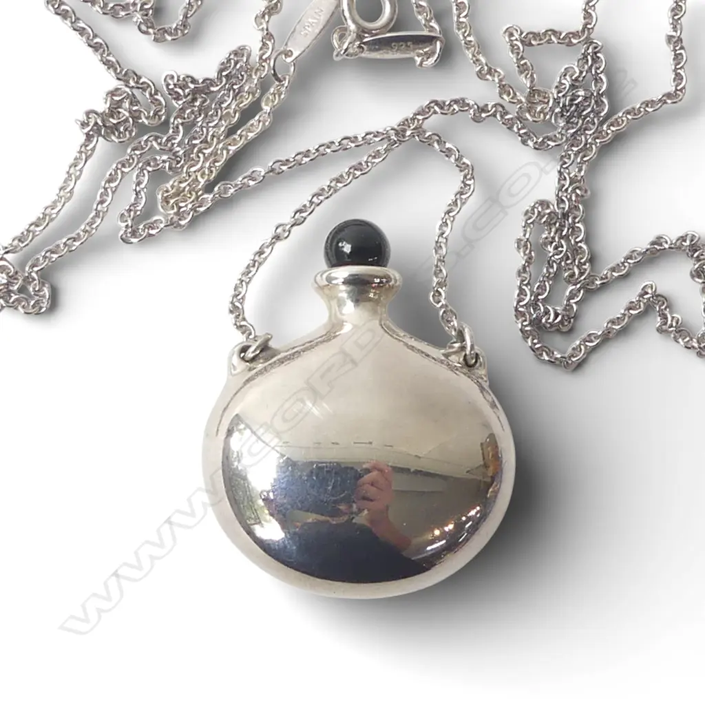 SILVER TIFFANY & CO PERFUME FLASK on SILVER CHAIN, both stamped Tiffany & co, SPAIN, and flask signed Elsa Peretti, case Image 1++