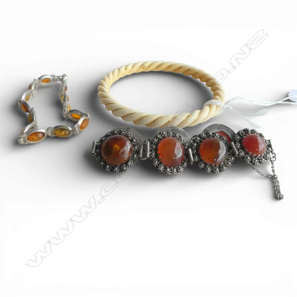 IVORY BANGLE 65mm int. dia + 2 BRACELETS (1 925 & AMBER) Image 1++
