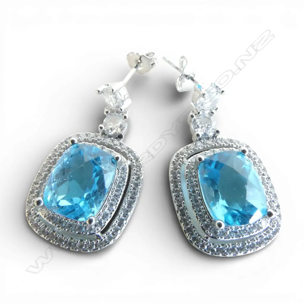 PR BLUE TOPAZ & CZ SILVER PLATE EARRINGS Image 1++