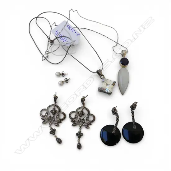 2 SILVER PENDANT NECKLACES + 3 PRS SILVER EARRINGS