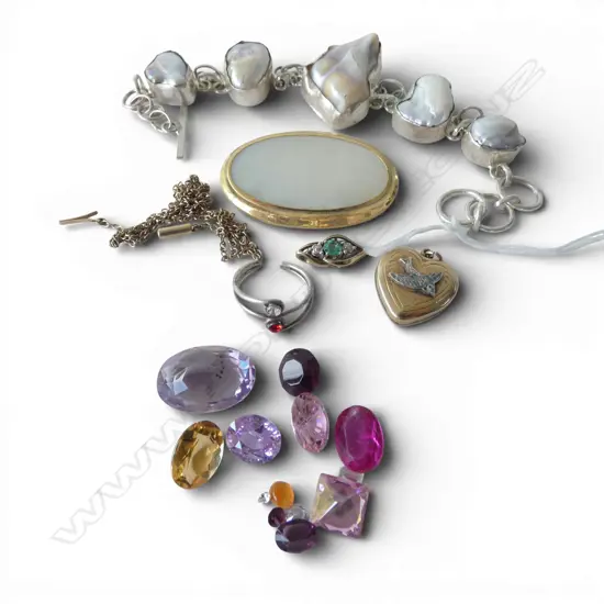 ASST. JEWELLERY; LOOSE STONES, 925 PEARL BRACELET, 4 GP PIECES ETC