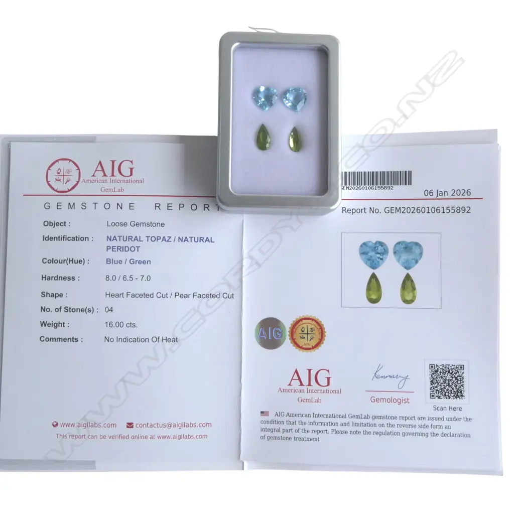 GEMSTONE EARRING SET; PR BLUE TOPAZ HEART CUT & PERIDOT PEAR DROPS, AIG CERT Image 1++