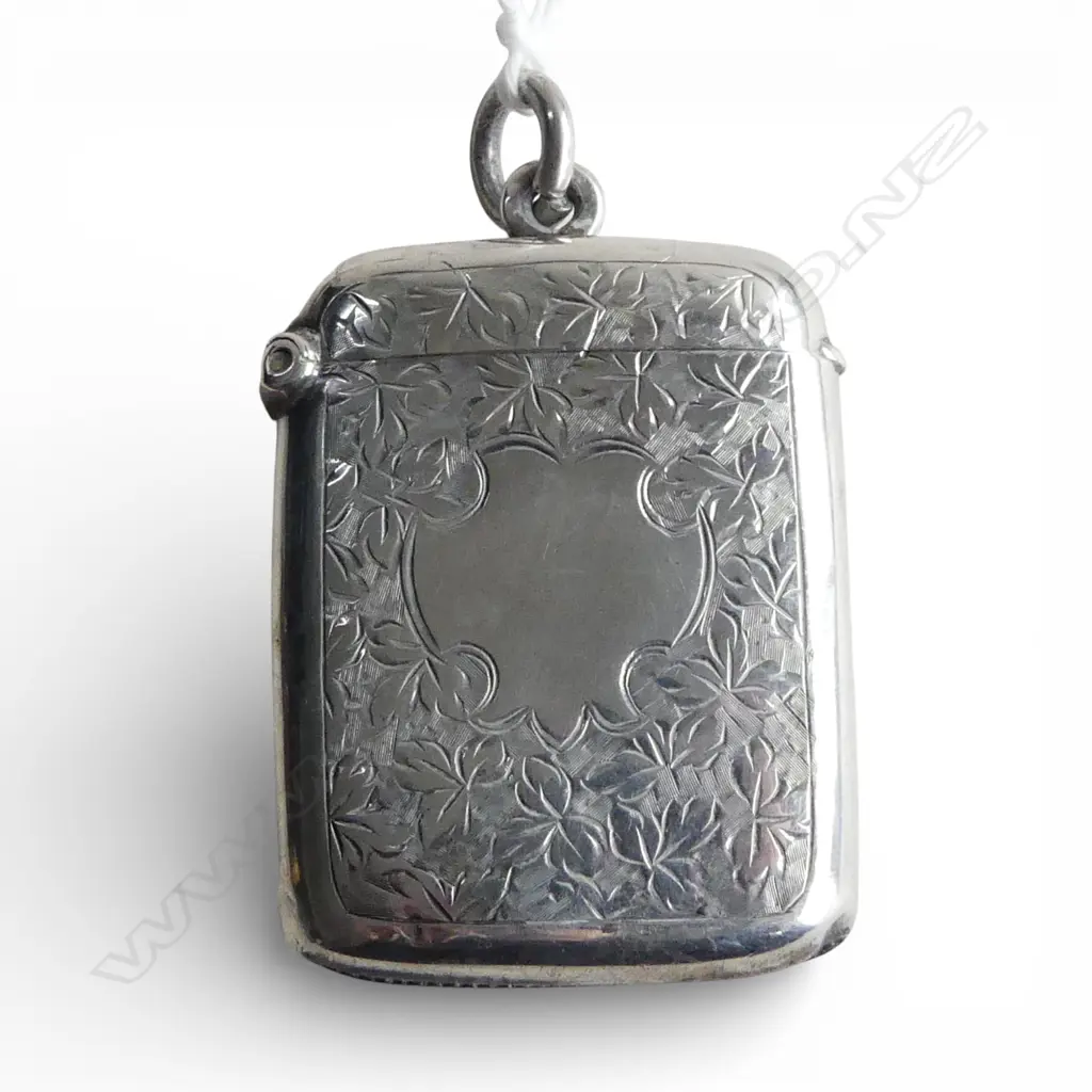 Birmingham 1906 EDWARDIAN SILVER LGE ENGRAVED VESTA w suspension 27gms Image 1++