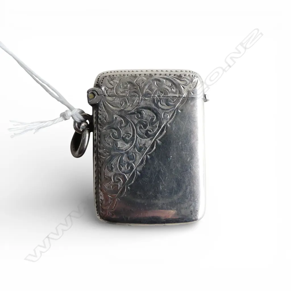 SILVER Birmingham 1901 silver engraved vesta w suspension loop 13.4gms Image 1++