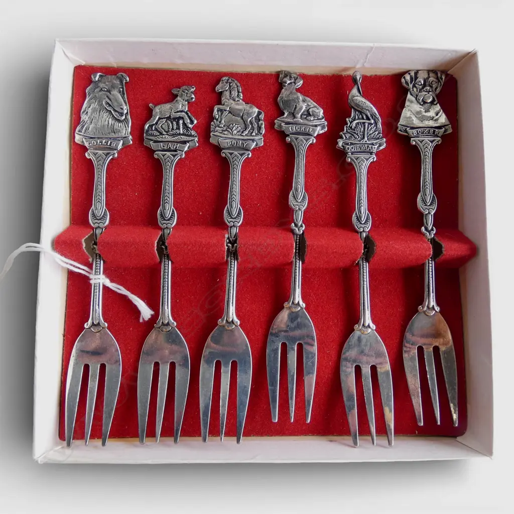 6 SILVER PLATE CAKE FORKS; VARIOUS ANIMAL TOPS Image 1++