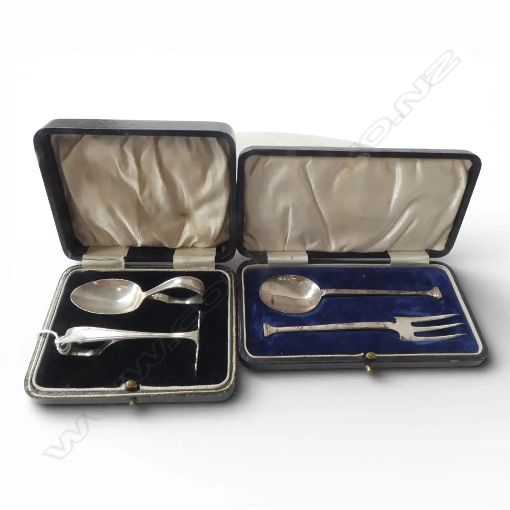 2 CASES STG SILVER CUTLERY; BABY SET B'HAM 1929, FORK & SPOON 76gms Image 1++