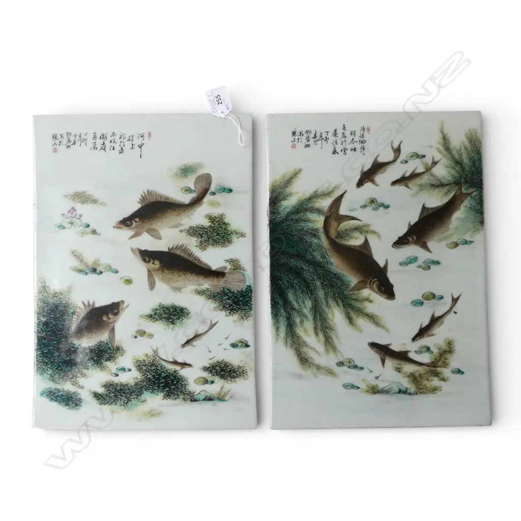 PR CHINESE TILES PAINTED WITH CARP, WATER WEEDS & CALLIGRAPHY 360x250mm Image 1++