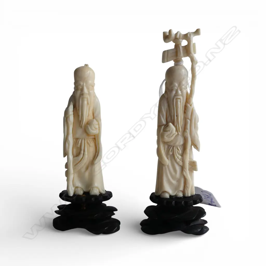 2 VINTAGE ORIENTAL CARVED IVORY FIGURES of Shau Lao minor fault H.110mm Image 1++