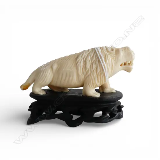 VINTAGE SOLID IVORY CARVED LION SCULPTURE tail end broken. On carved wood base. L.90mm