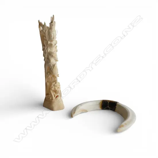 Vintage carved bone Indonesian carving H.170mm + pr pig tusks - joined