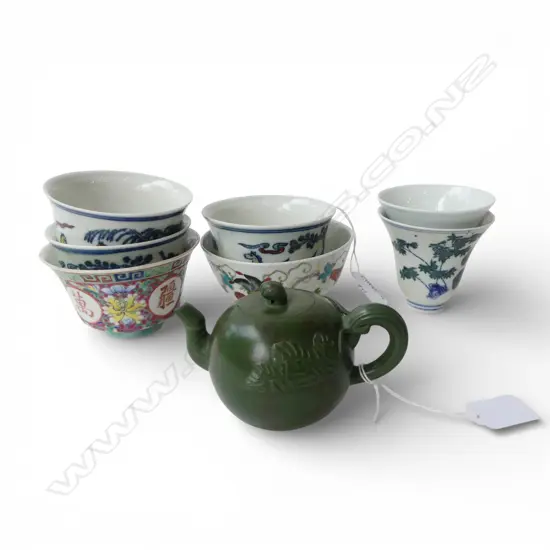 7 CHINESE RICE CUPS + TEAPOT 