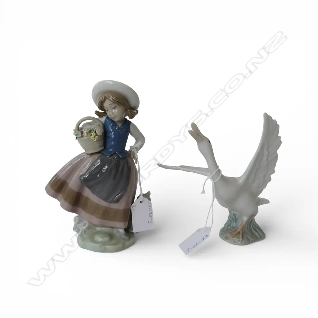 2 PCES LLADRO; GIRL w FLOWER BASKET H.175mm, DUCK H.140mm Image 1++
