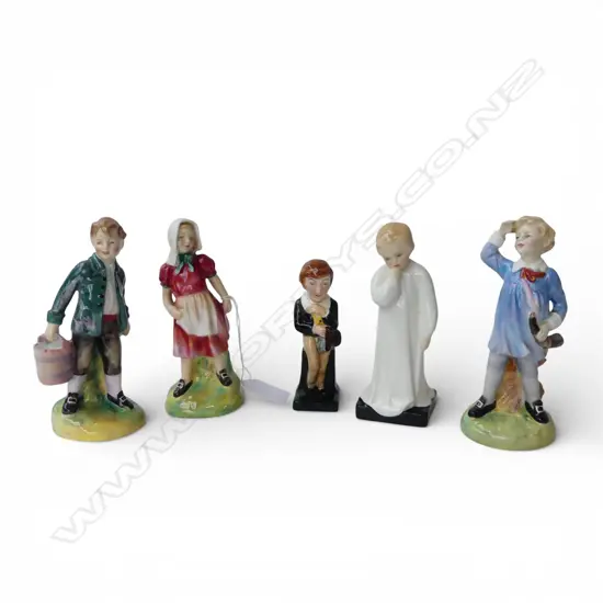 5 ROYAL DOULTON FIGURINES; DAVID COPPERFIELD, DARLING, JILL (AF), LITTLE BOY BLUE, JACK H.140mm
