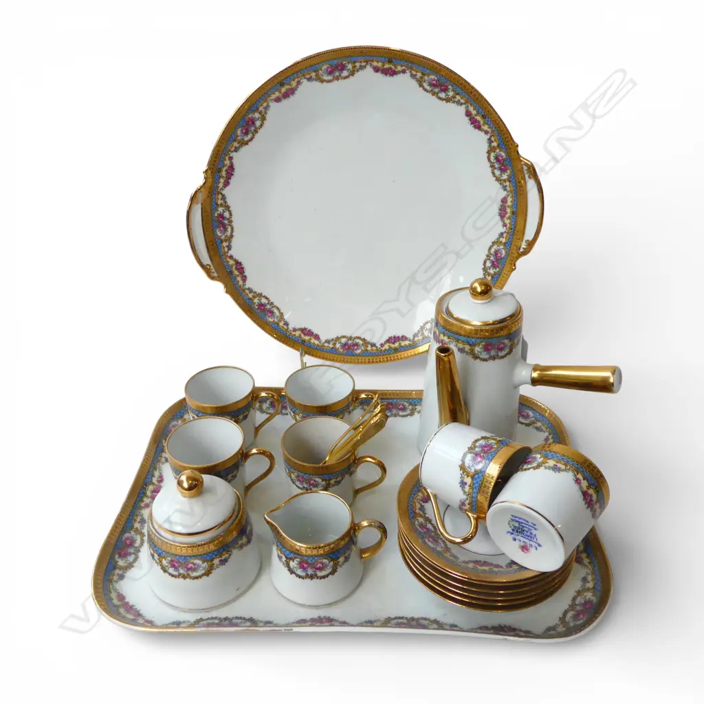 LIMOGES LEGLE PATTERN DEMI-TASSE COFFEE SET, 6 CUPS, 6 SAUCERS, COFFEE POT, SUGAR BOWL, MILK JUG PLUS TWO SERVING PLATES Image 1++