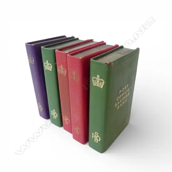 5 VINTAGE POST OFFICE SAVINGS BANK MONEY BOXES