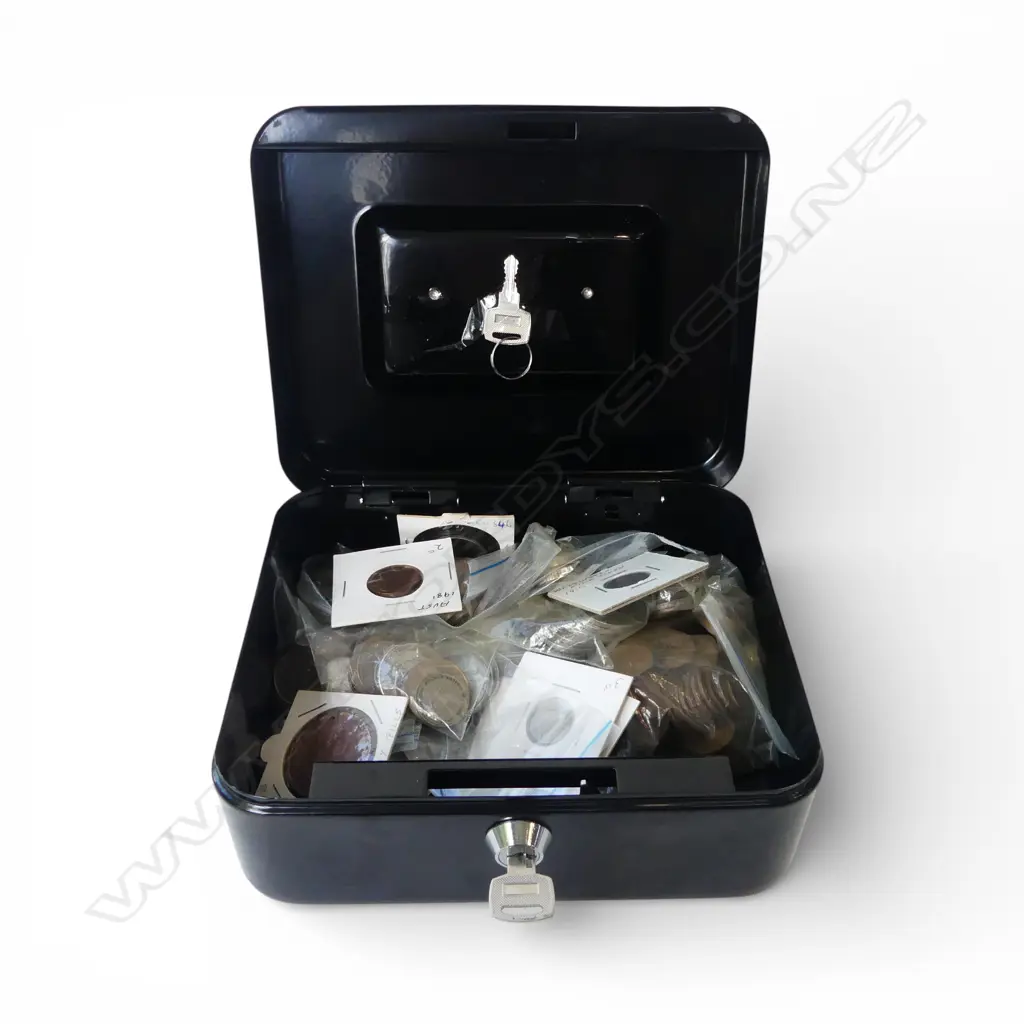 WORLD COINS IN METAL LOCK BOX W.200mm Image 1++