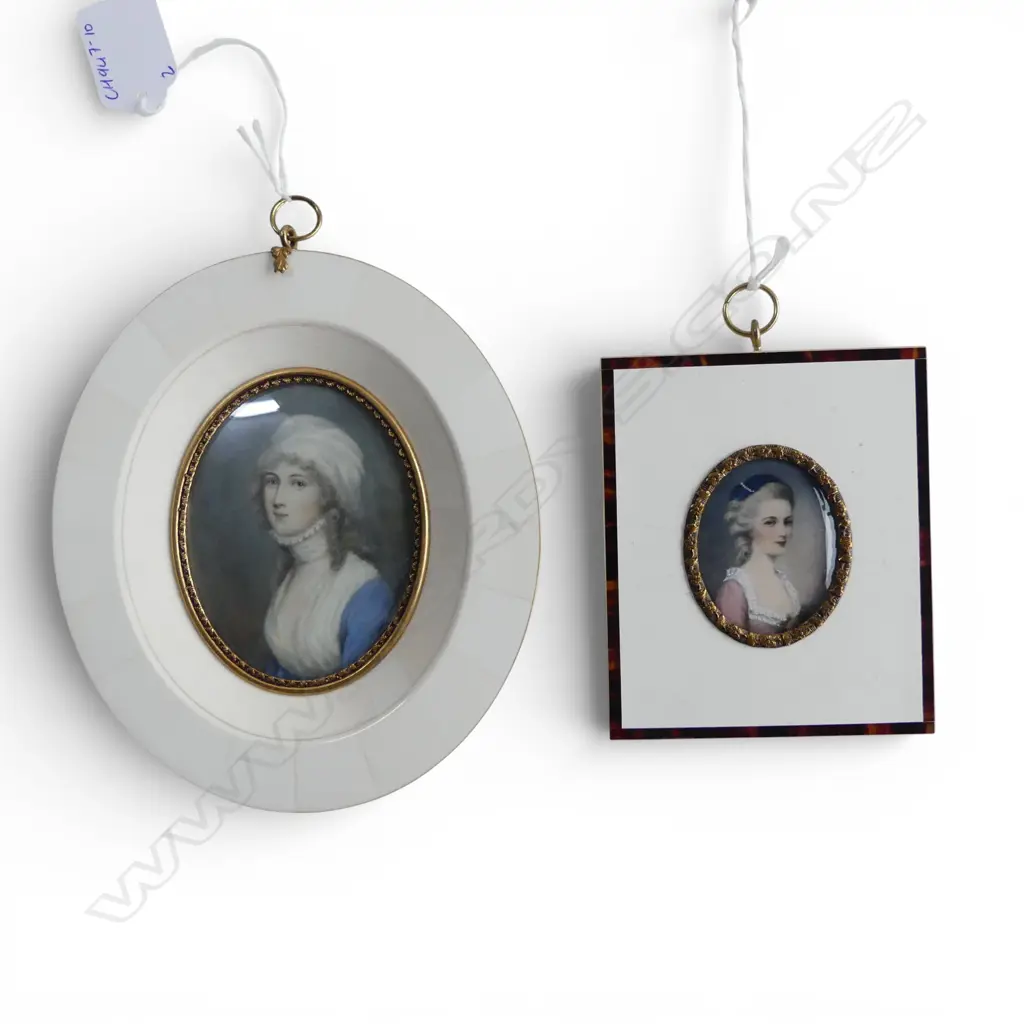 A PAIR OF MODERN MINIATURE PORTRAITS WITH IVORY FRAMES 155mm (H) and 105mm (H) Image 1++