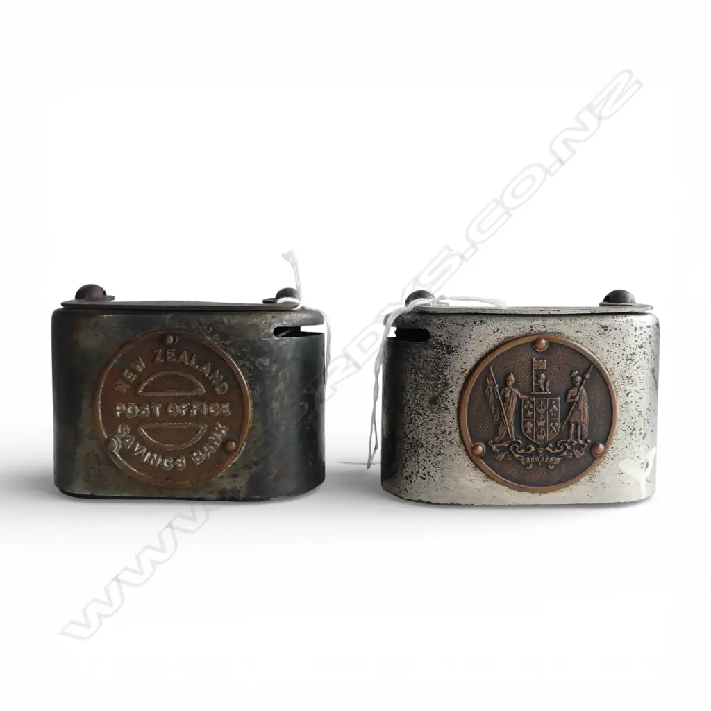2 VINTAGE NEW ZEALAND POST OFFICE SAVINGS BANK METAL MONEY BOXES coin and bank slots, no keys Image 1++