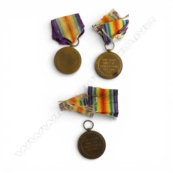 3 WWI VICTORY MEDALS TO E. MADIGAN, F.W. CARTER & A.C. RIDDELL one ribbon intact