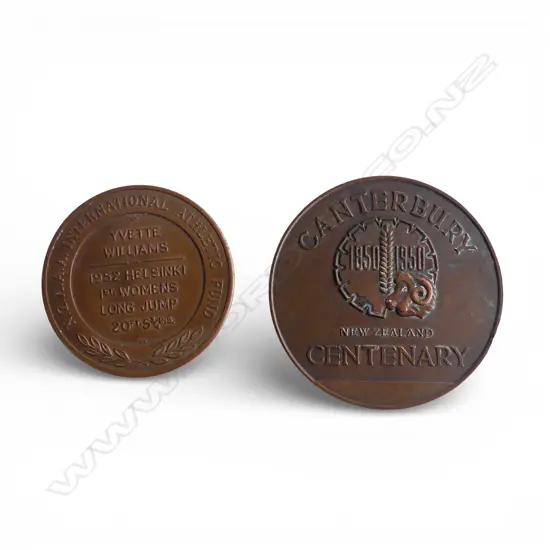 CAST BRONZE MEDALLION to YVETTE WILLIAMS FOR 1952 HELSINKI 1st WOMENS LONG JUMP + CANTERBURY CENTENARY MEDALLION