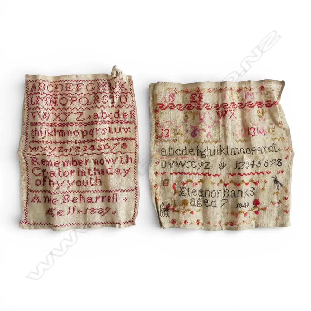 2 19thC NEEDLE WORKED SAMPLERS: 1840 by Eleanor Banks aged 7 25 x 24mm + Annie Beharrell Aged 11 1887 Image 1++
