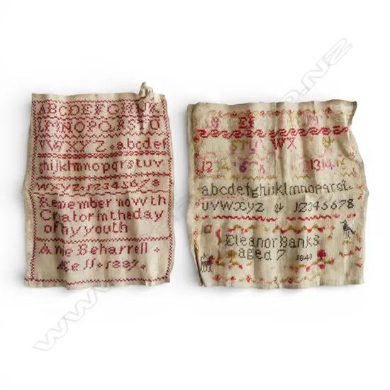 2 19thC NEEDLE WORKED SAMPLERS: 1840 by Eleanor Banks aged 7 25 x 24mm + Annie Beharrell Aged 11 1887