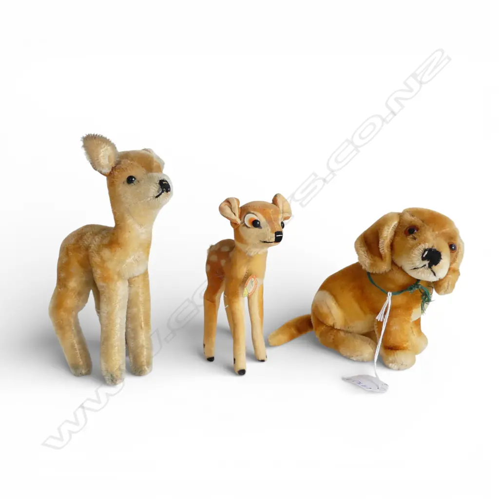 THREE 1960s STEIFF MOHAIR ANIMALS (BAMBI WITH LABEL, DEER AND DOG) 150mm, 190mm, 120mm Image 1++