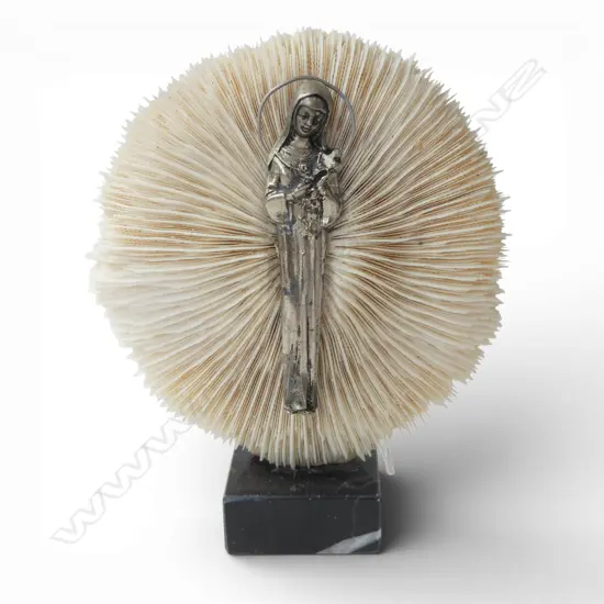 A LARGE WHITE MUSHROOM CORAL WITH SILVER METAL MADONNA ON MARBLE BASE, 180mm (H)