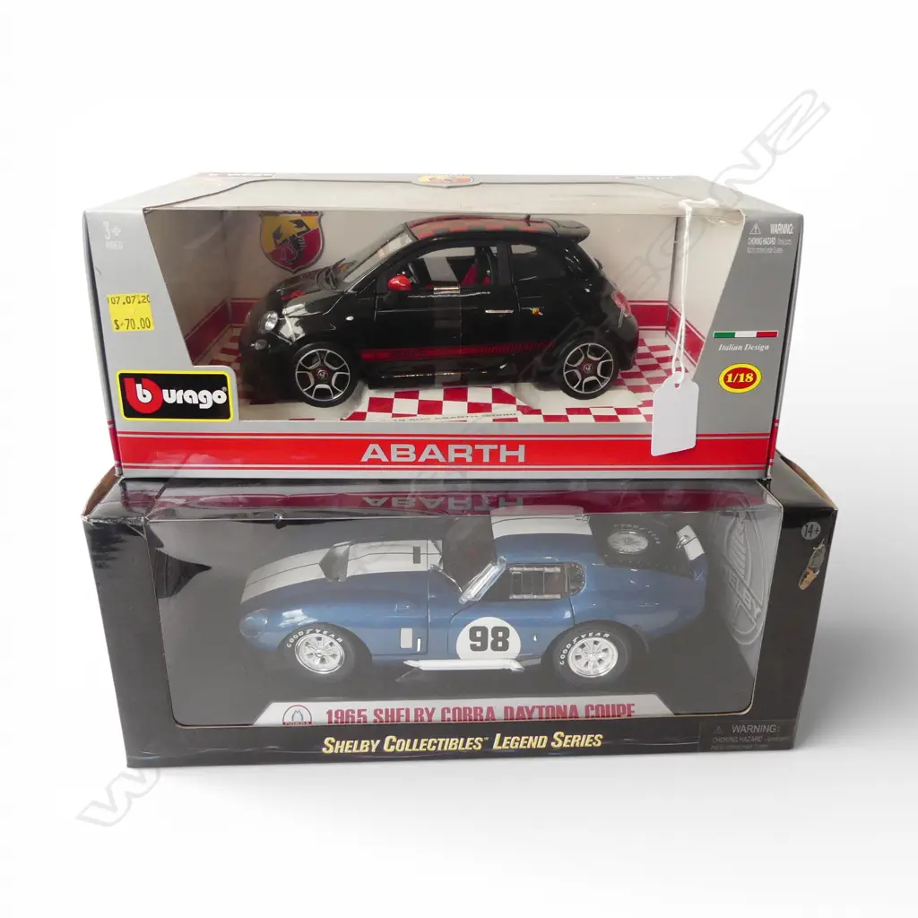 BOXED BBURAGO ABARTH + 1965 SHELBY COBRA DAYTONA COUPE MODEL CARS Image 1++