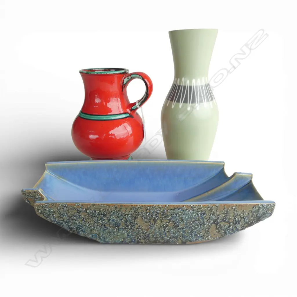 3 RETRO VASES; RED GERMAN, HORNSEA H.235mm, IKEBANA W.290mm Image 1++