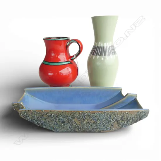 3 RETRO VASES; RED GERMAN, HORNSEA H.235mm, IKEBANA W.290mm