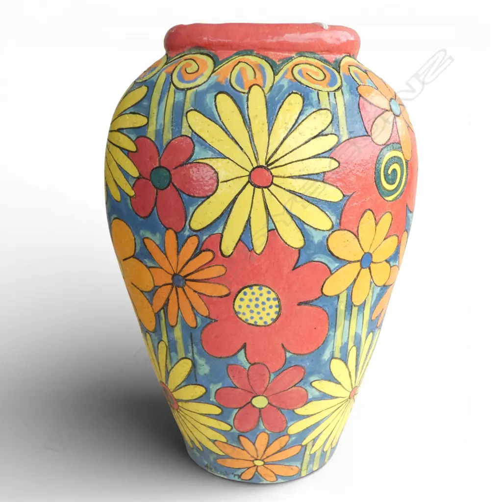 COLOURFULLY GLAZED FLORAL  LGE FLOOR VASE / UMBRELLA STAND Signed Helena '19. H.490mm Image 1++
