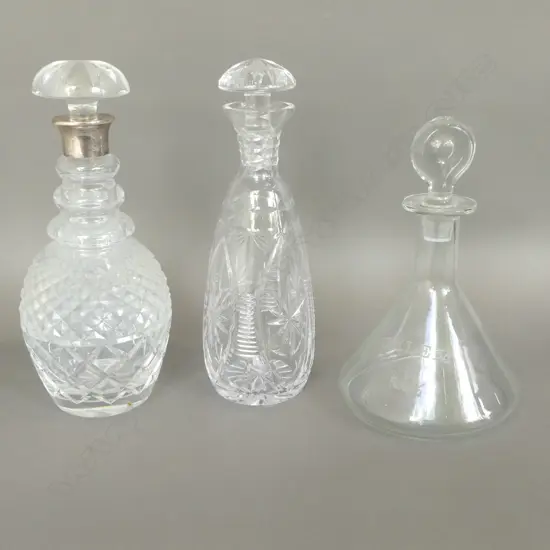 3 DECANTERS, 1 w. STG SILVER RIM H.285mm