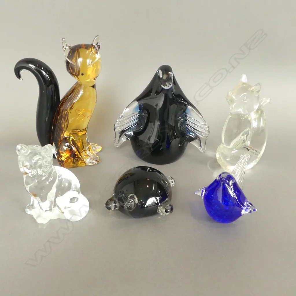 6 ART GLASS ANIMALS INCL. WEDGWOOD PENGUIN H.125mm & MURANO FORMIA CAT H.170mm Image 1++