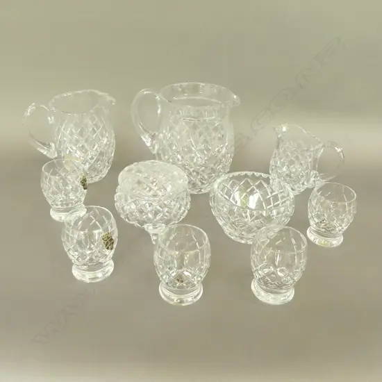 3 CRYSTAL JUGS, SUGAR, BOWL & 5 GLASSES 