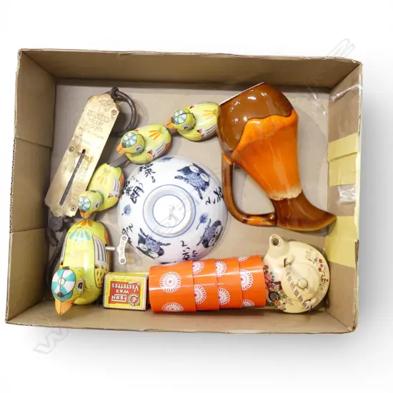 VINTAGE; SLATER HAND SCALES, TIN TOY DUCKS ETC, lava glaze vase sml loss to rim