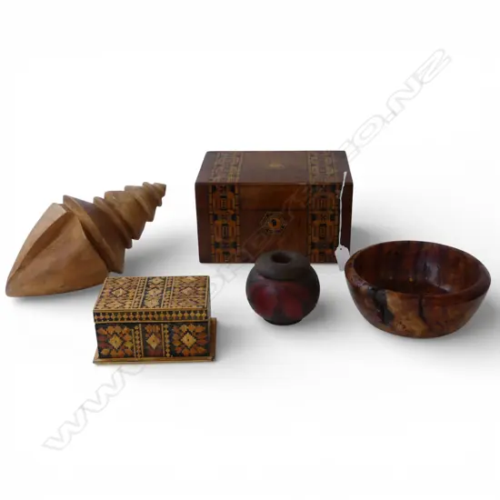 5 PCES WOOD WORKING; 2 BOXES, VASE, BOWL & OTHER