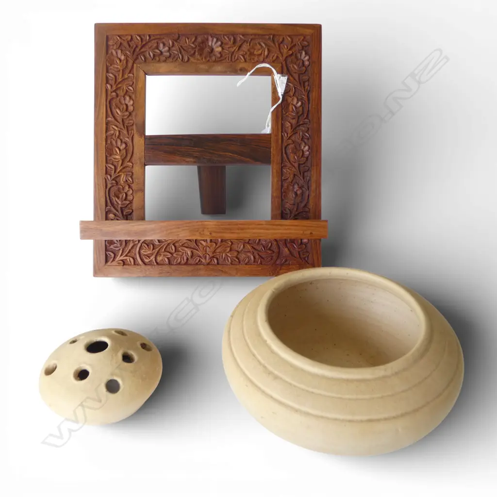 CARVED ROSEWOOD BOOK STAND + POTTERY BOWL with flower frog Image 1++