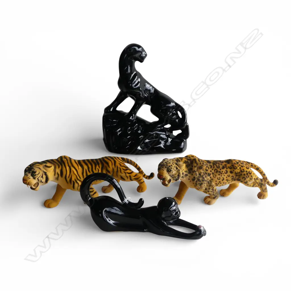 4 ANIMALS; BLACK CERAMIC PANTHER & MONKEY + 1 TIGERS + 1 LEOPARD L.330mm Image 1++