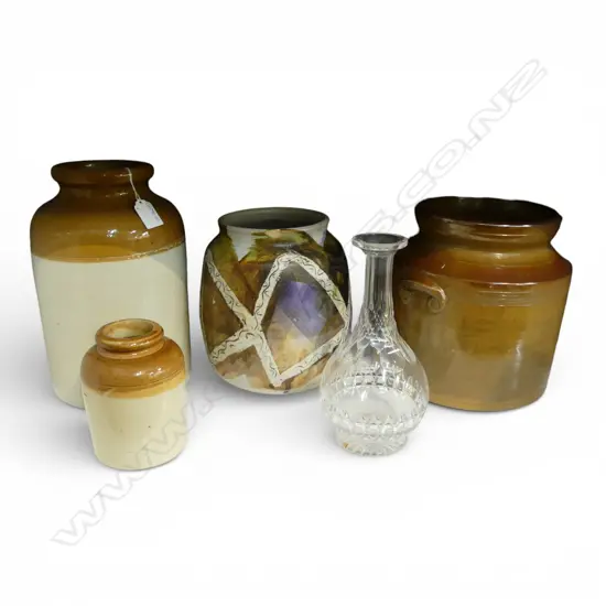 3 STONEWARE CROCKS, POTTERY VASE & DECANTER no lid