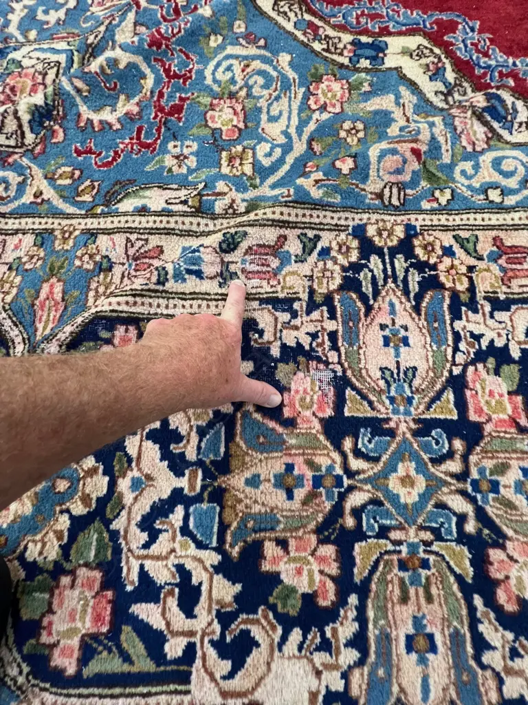 Very large Persian Kerman hand knotted carpet w curvilinear tendril design. Red ground. 5050 x3500mm. Some threads bare Image 1++