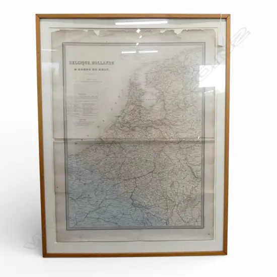 FRAMED OLD MAP OF BELGIUM & FRANCE - E. ANDRIVEAU-GOUJON PAIRIS-1870 690x530mm