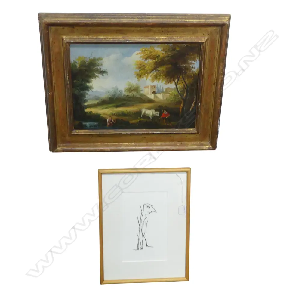 18th C. STYLE PASTORAL LANDSCAPE ON CANVAS  280 X 380MM  AND LITHOGRAPH BY RAPH DE HAAS  ED. 36/86 Image 1++