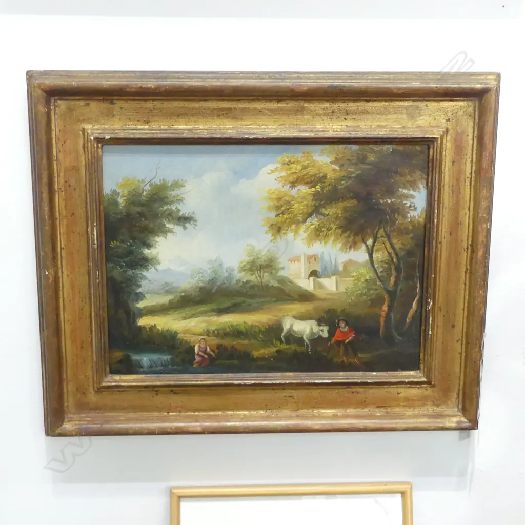 18th C. STYLE PASTORAL LANDSCAPE ON CANVAS  280 X 380MM  AND LITHOGRAPH BY RAPH DE HAAS  ED. 36/86 Image 1++