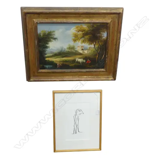 18th C. STYLE PASTORAL LANDSCAPE ON CANVAS  280 X 380MM  AND LITHOGRAPH BY RAPH DE HAAS  ED. 36/86