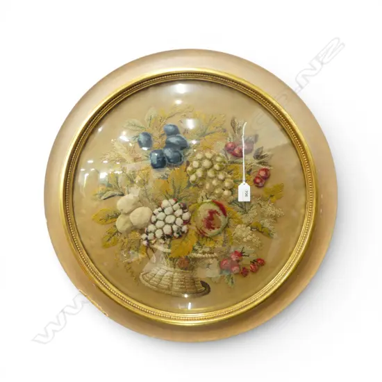 FRAMED BERLIN WOOL WORK; FRUIT BOUQUET 470mm dia (600mm dia overall) fault to frame